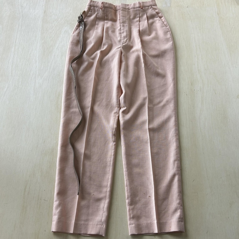 Vintage Haggar Dress Pants Womens 12 Pink Twill Pleated Belted USA Workwear